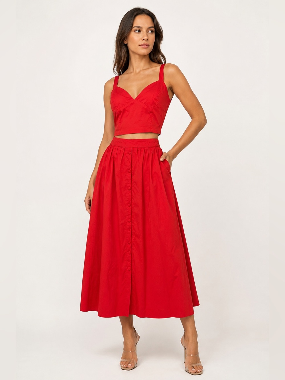 Endless Rose Red Cotton Crop Top & Button Front Maxi Skirt 2-Piece Set Size S